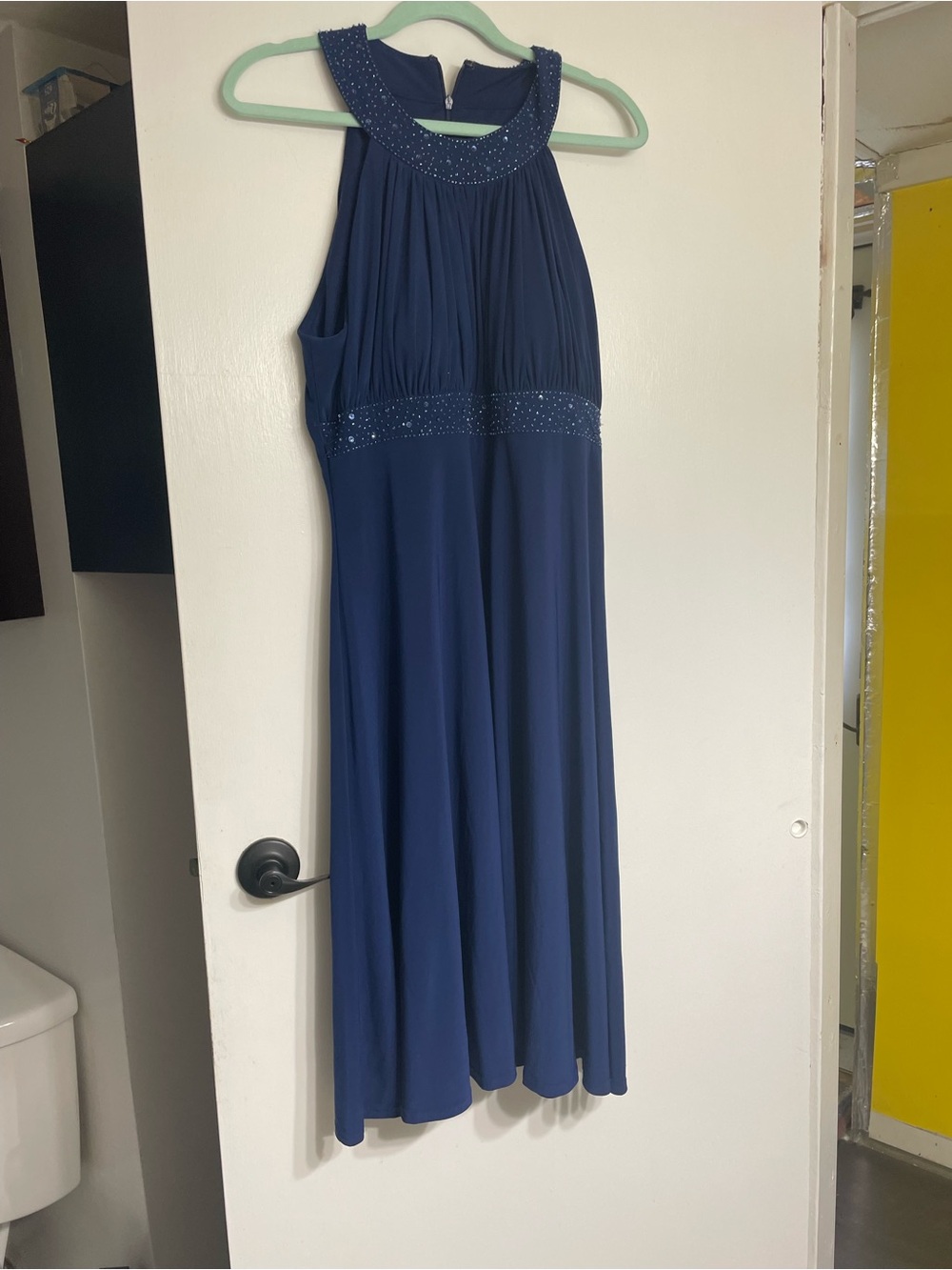 Jessica Howard Navy Blue Halter Evening Dress with Beaded Trim